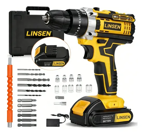 Kit de taladro Linsen amarillo con maletín y accesorios