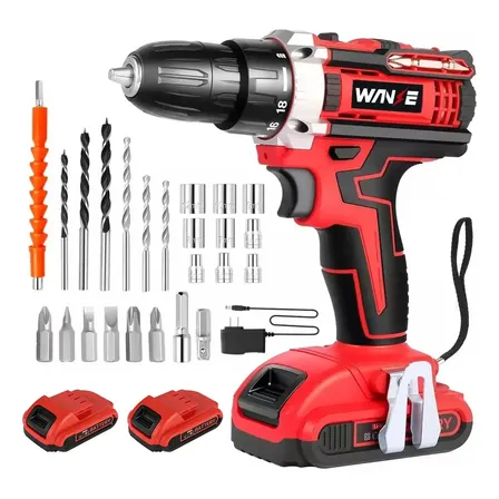 Kit de taladro inalámbrico rojo con dos baterías y accesorios mostrado en la publicación